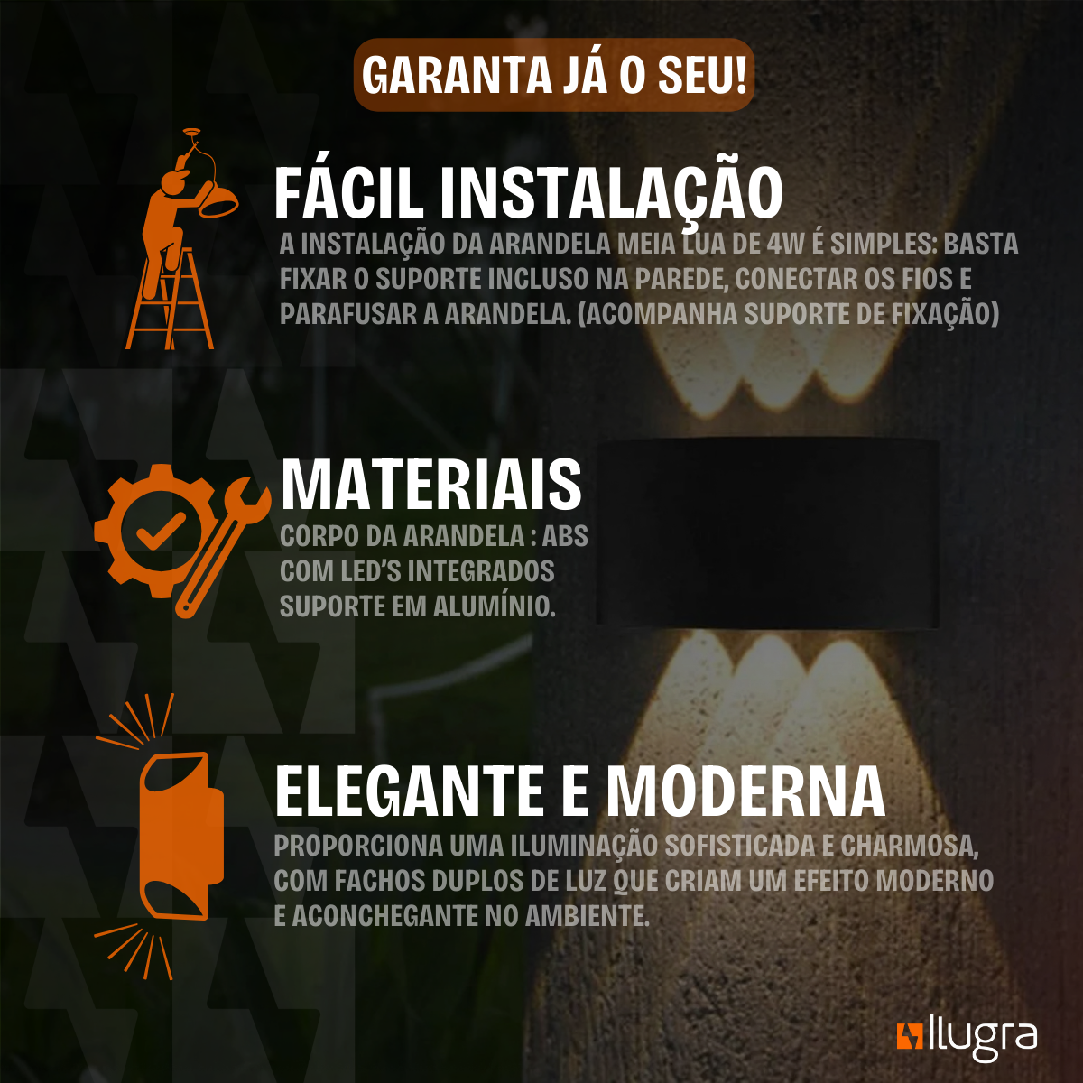 Arandela LED Externa 6W com Lente – 6 Fachos – Branco Quente 3000K – IP65