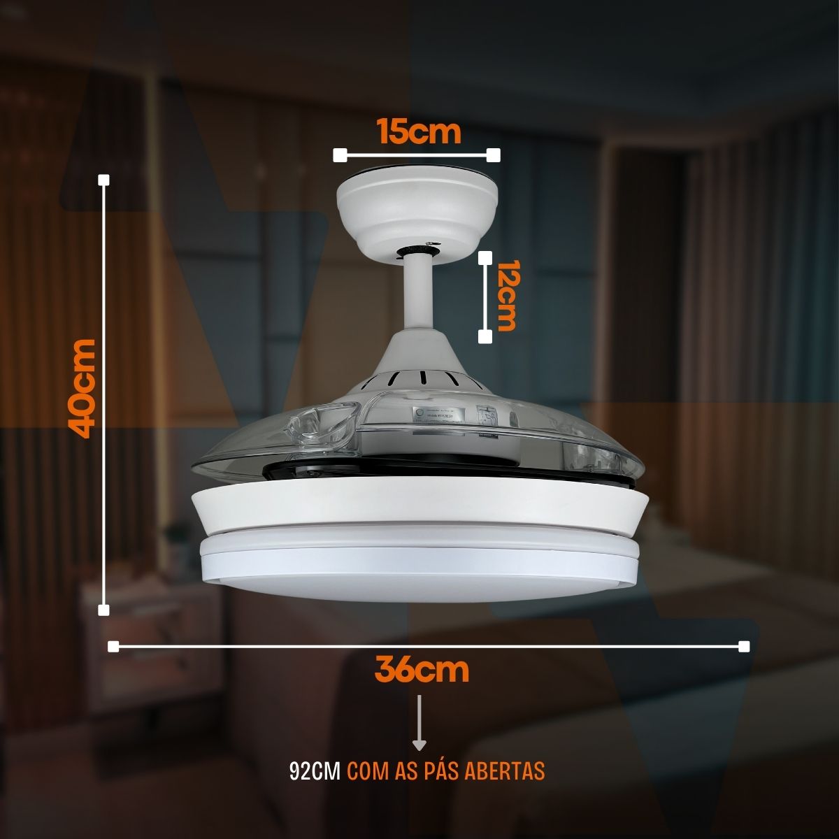 Ventilador de Teto Retrátil 42” Com Controle Remoto LED 30W - Bivolt