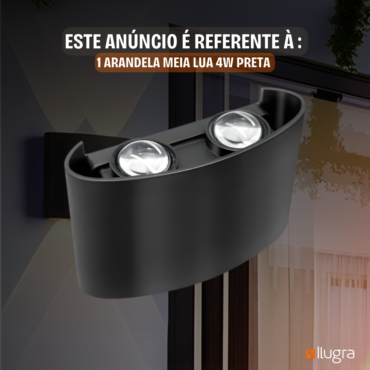 Arandela LED Meia Lua 4W IP65 – 4 Fachos – Branco Quente 3000K – Preta ou Branca
