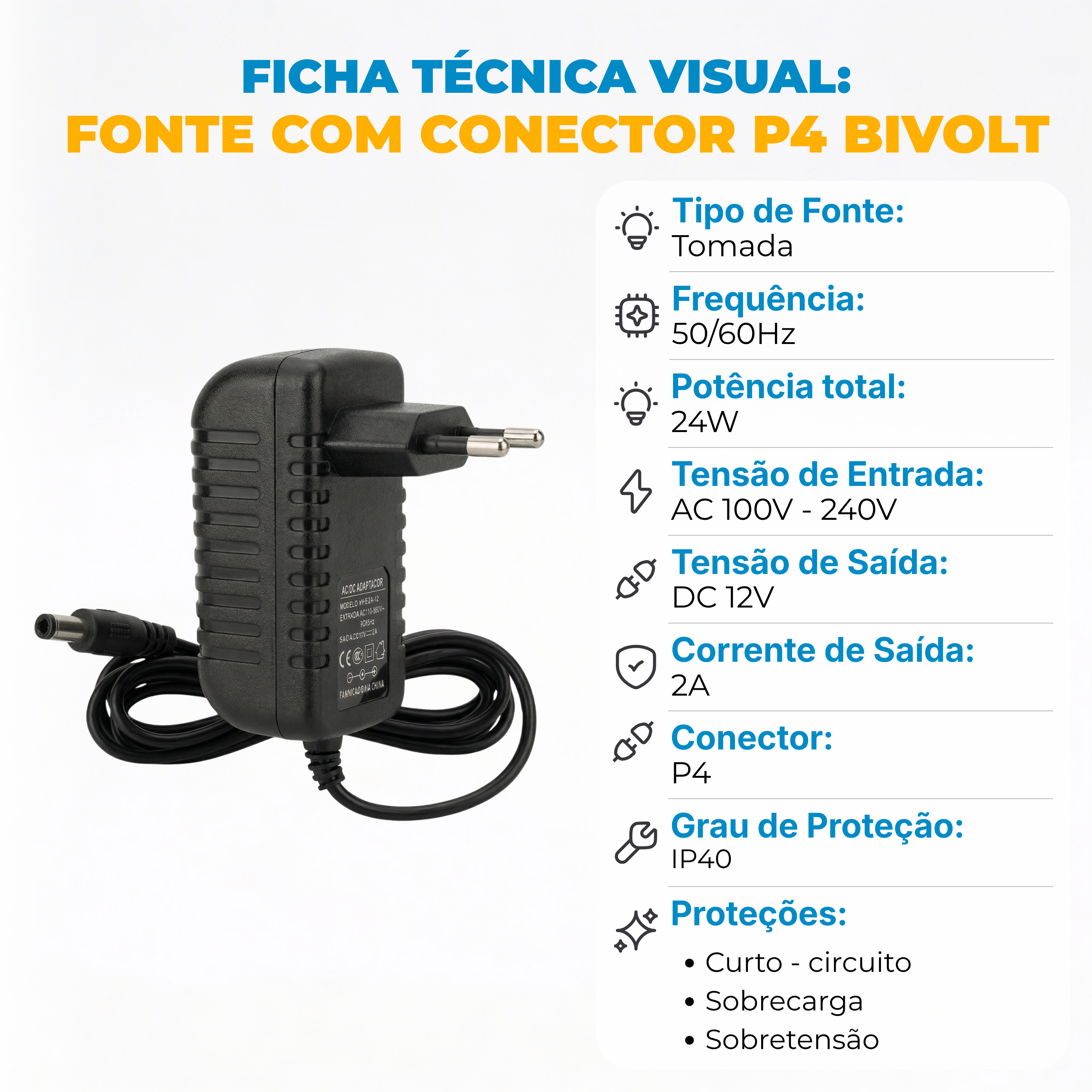 Fonte 12V 2A Bivolt para Fita LED com Conector P4 – 24W Proteção Completa