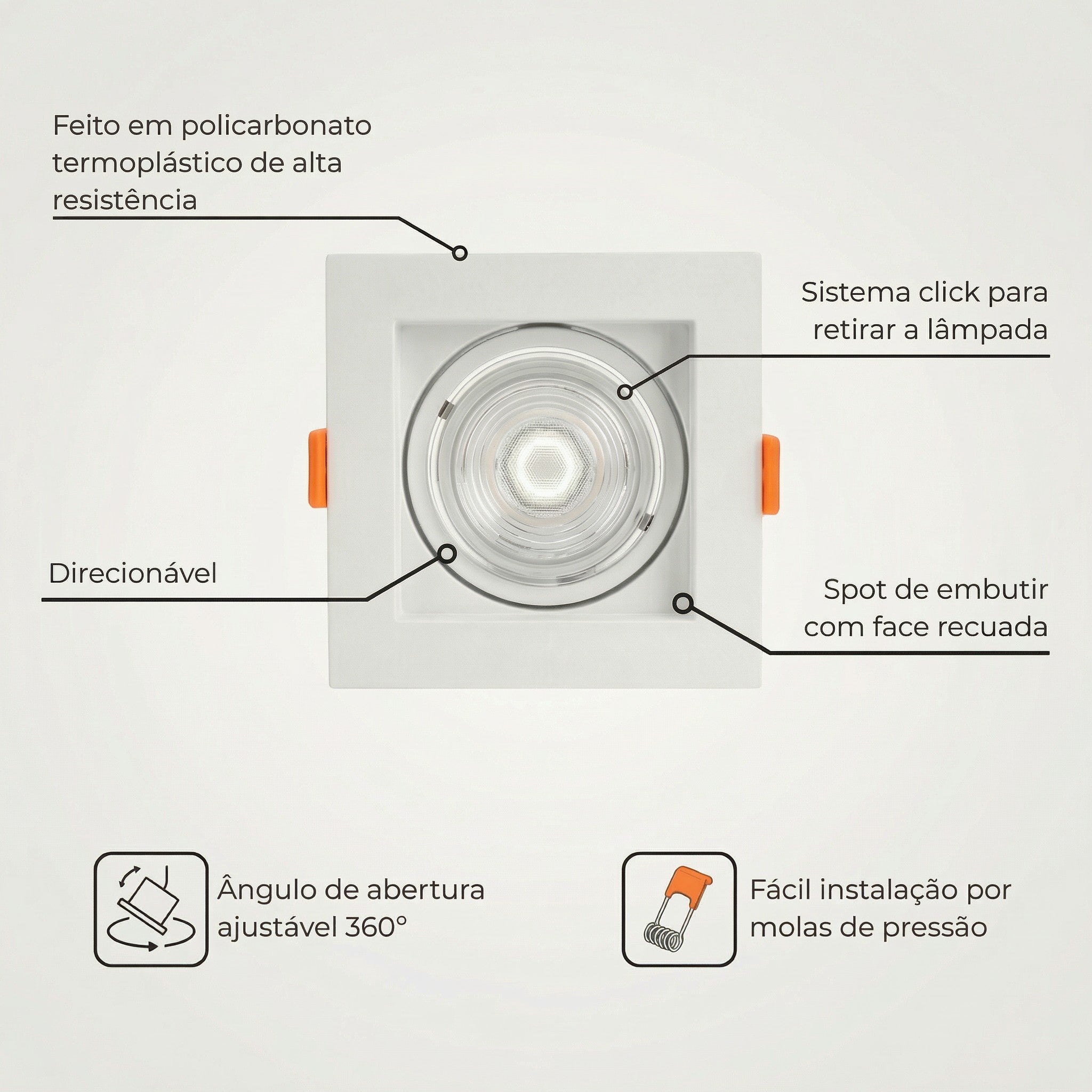 CasaLed Mais Spot de embutir quadrado branco direcionável em policarbonato com soquete GU10 para lâmpada MR11. Possui face recuada e sistema click para troca de lâmpada.