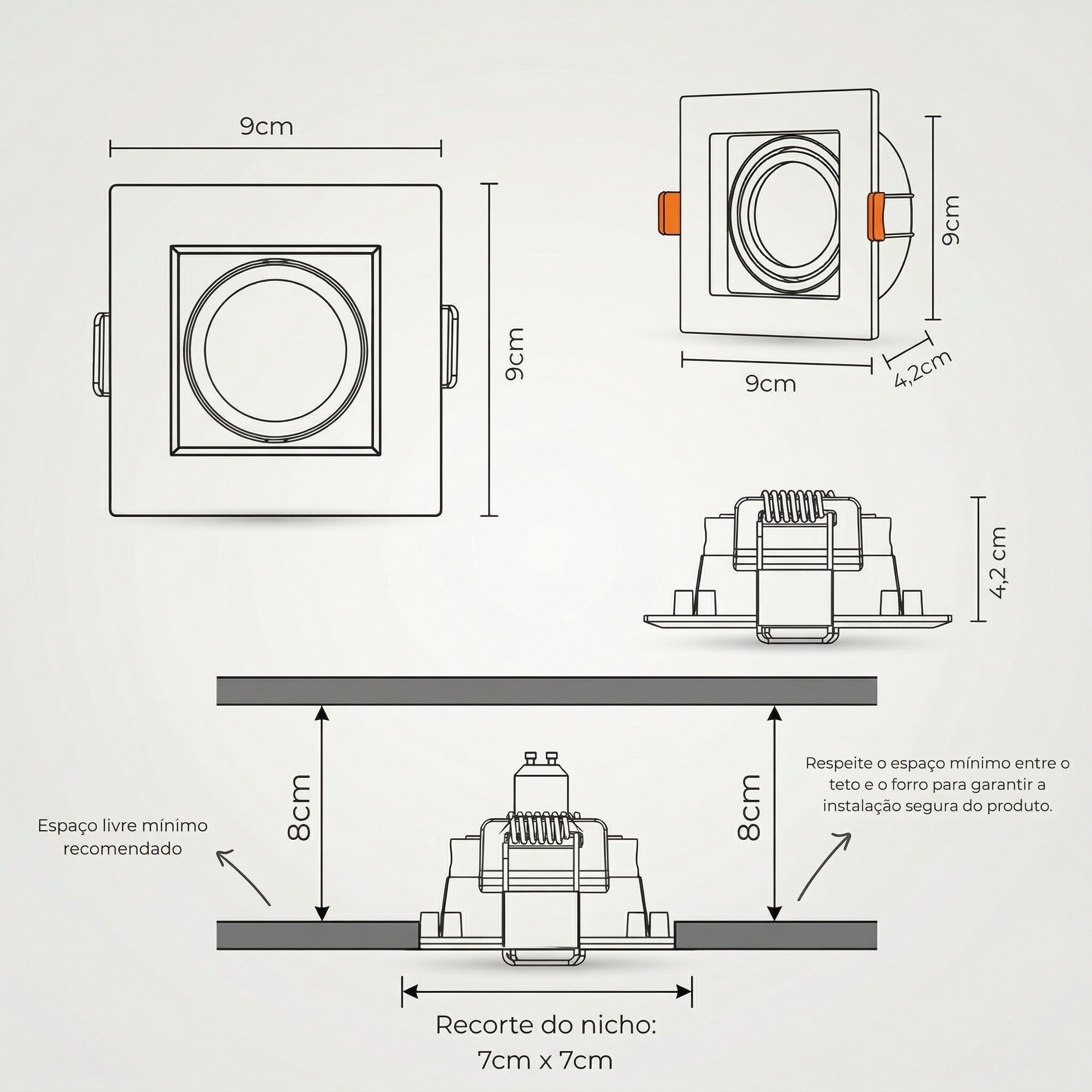 CasaLed Mais spot quadrado embutido direcionável branco com soquete GU10, feito de policarbonato termoplástico. Dimensões 9x9cm.