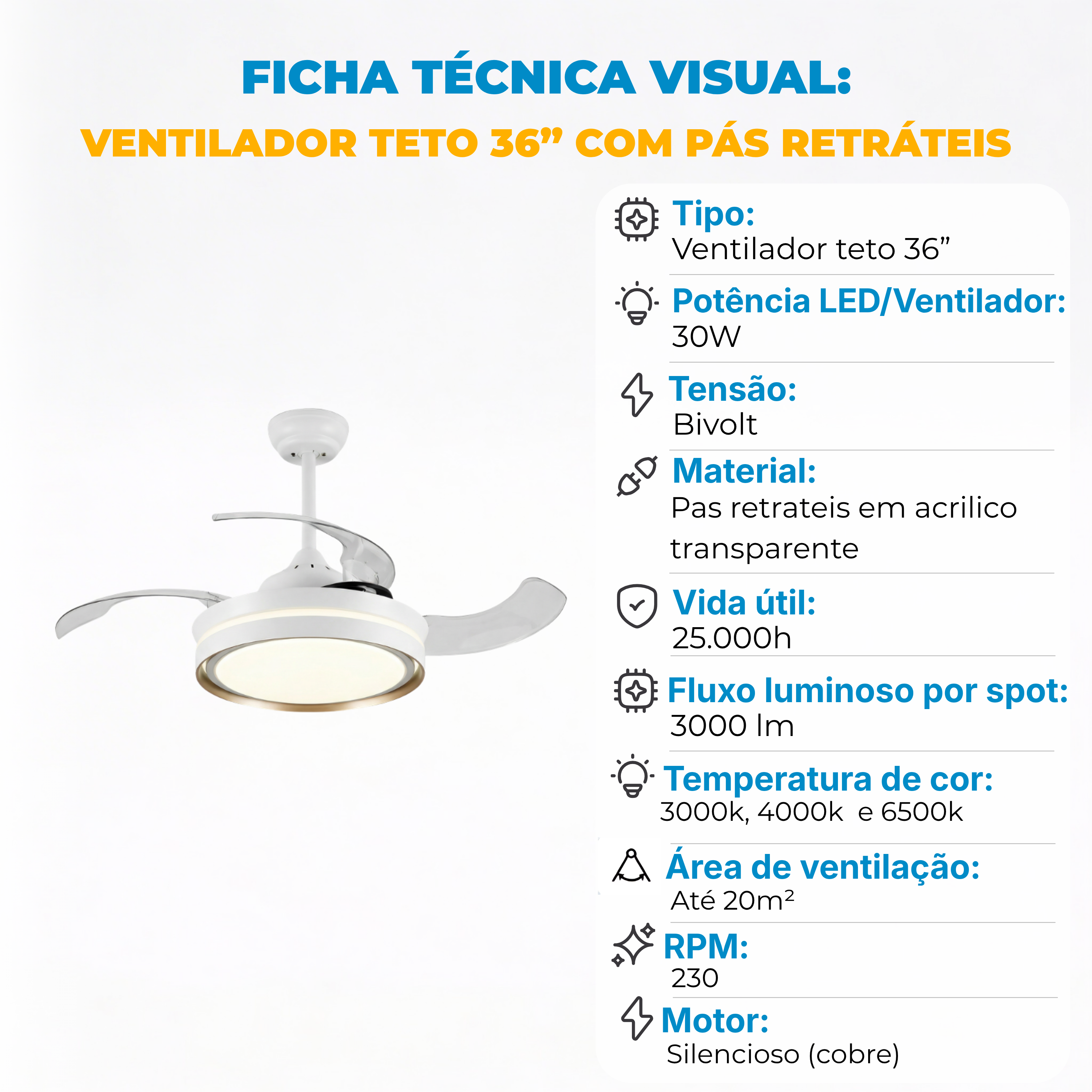 Ventilador de Teto Little Breeze 36” 30W LED - Com Pás Retráteis e Controle Remoto - Bivolt