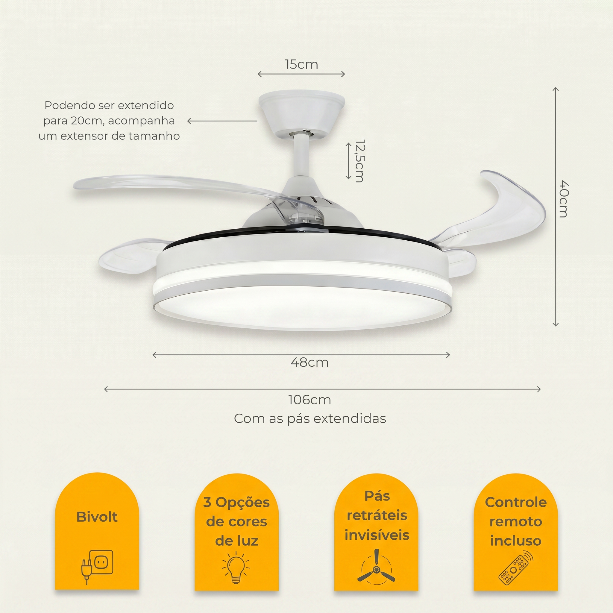 Ventilador de Teto Retrátil 42” Com Controle Remoto LED 30W - Bivolt