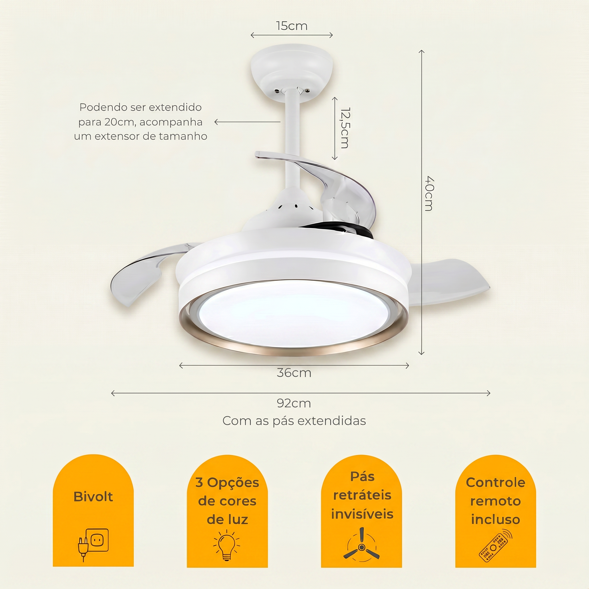 Ventilador de Teto Little Breeze 36” 30W LED - Com Pás Retráteis e Controle Remoto - Bivolt