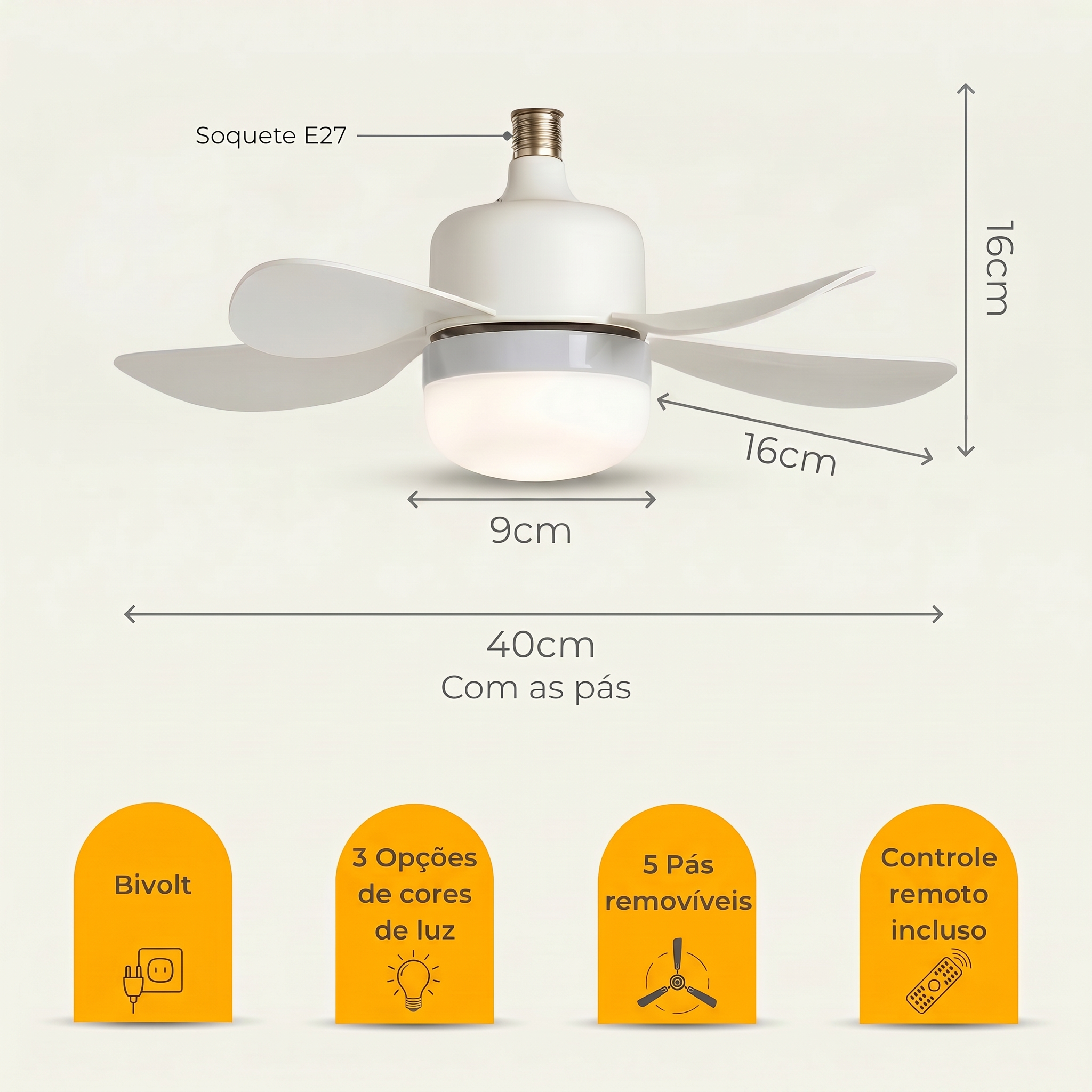 Lâmpada com Ventilador - Little Fan 3 em 1 - Com Controle Remoto - E27 LED 50W