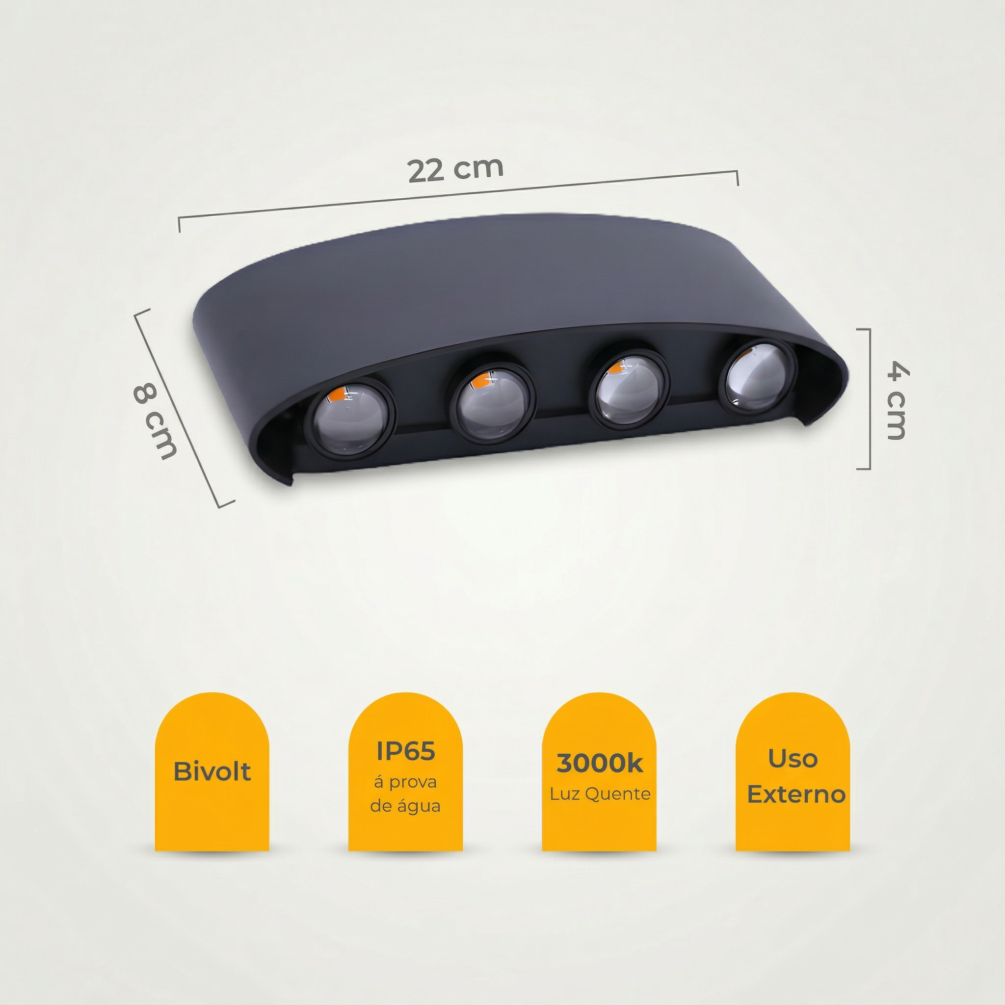 Arandela LED Meia Lua 8W IP65 – 8 Fachos – Branco Quente – Bivolt