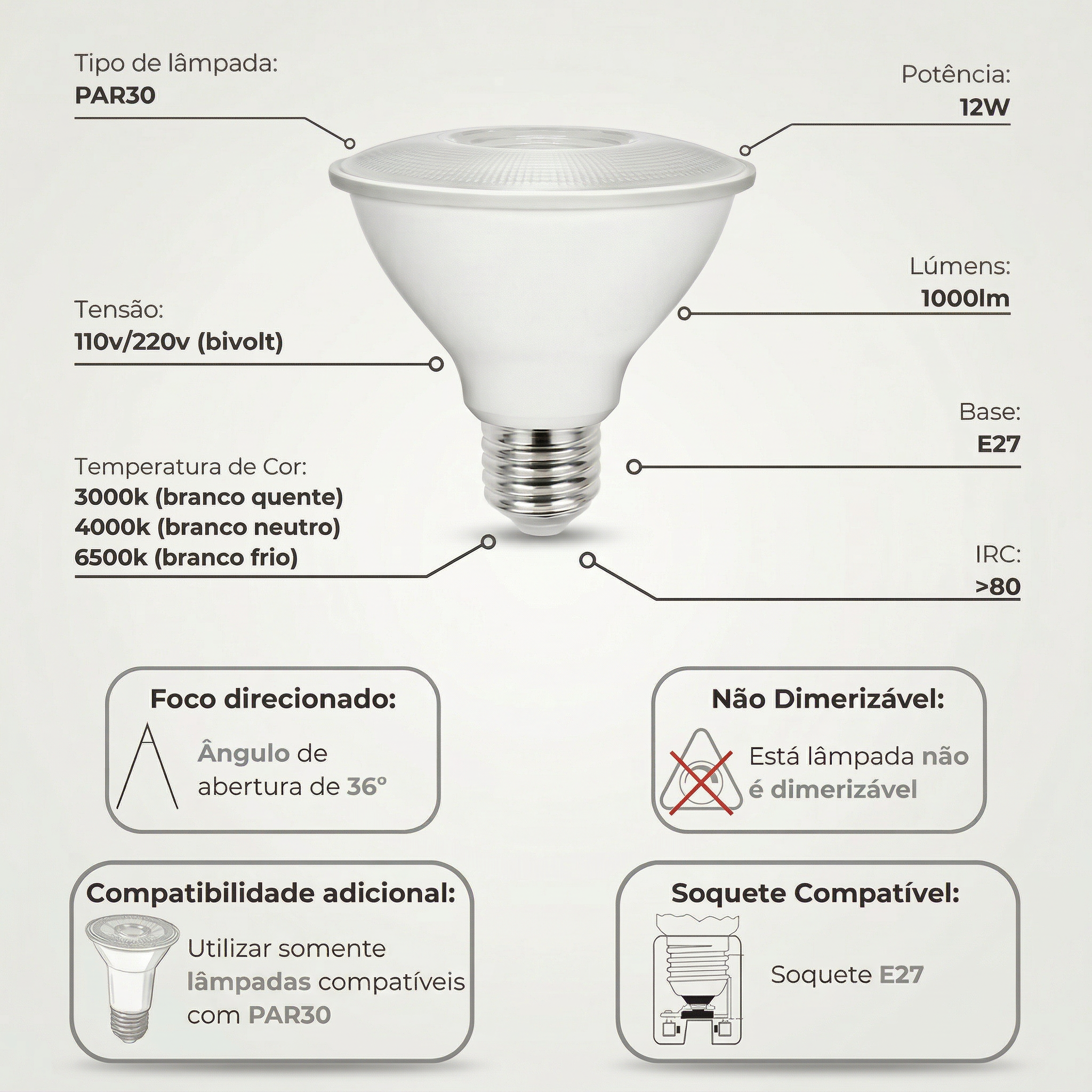 Lâmpada LED PAR30 E27 10W Bivolt – Iluminação Direcionada 40°