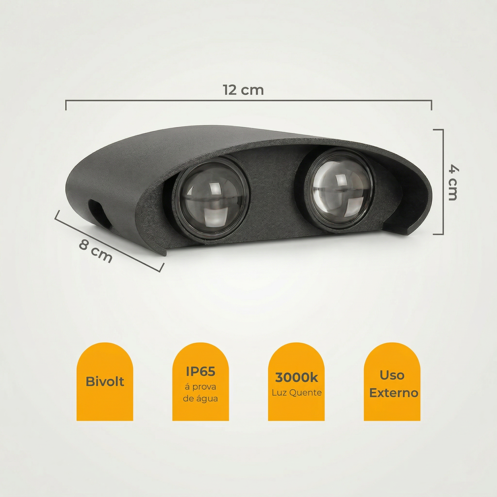 Arandela LED Meia Lua 4W IP65 – 4 Fachos – Branco Quente 3000K – Preta ou Branca