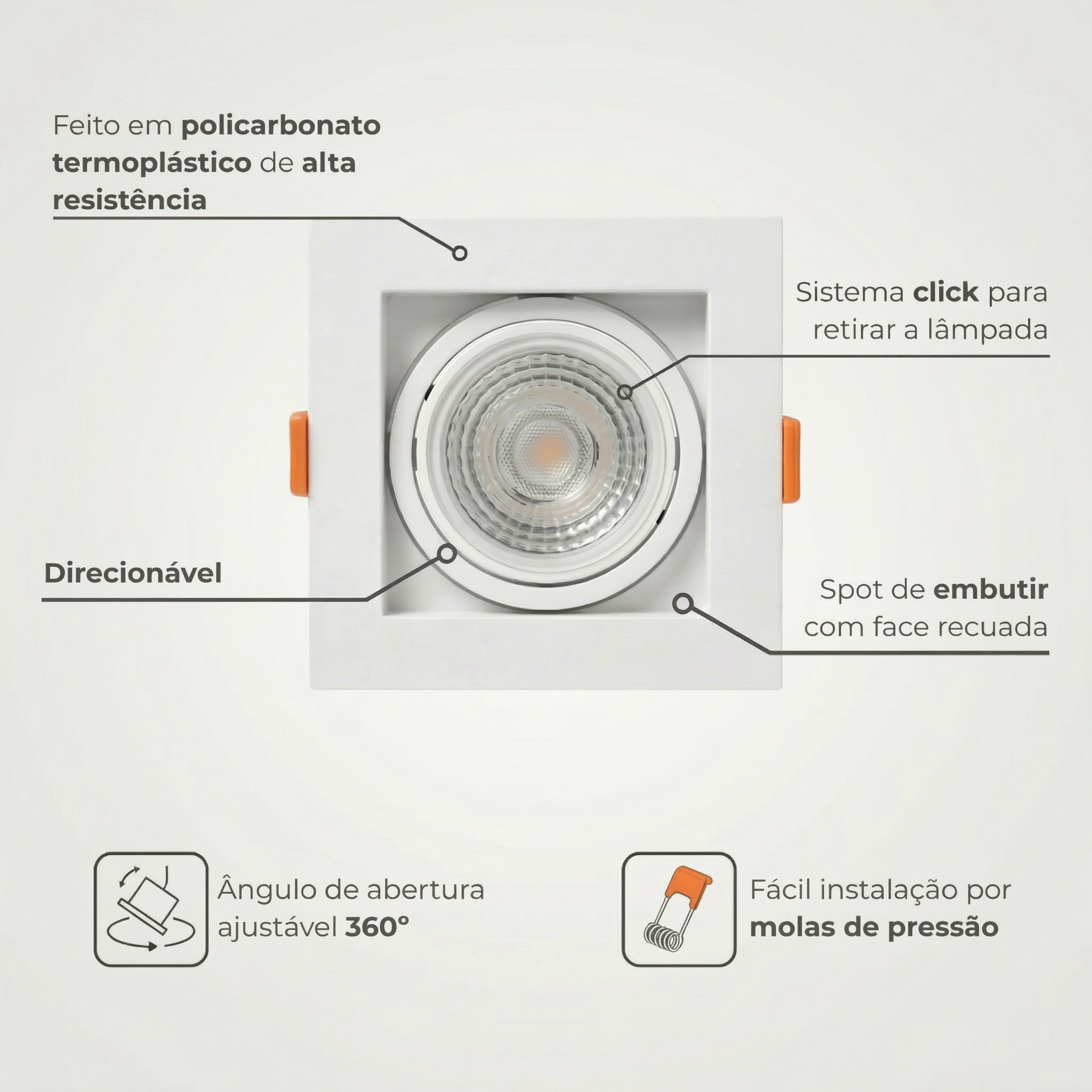 Spot Quadrado de Embutir MR16 Recuado Direcionável com Soquete GU10 – Branco, Preto ou Preto e Branco