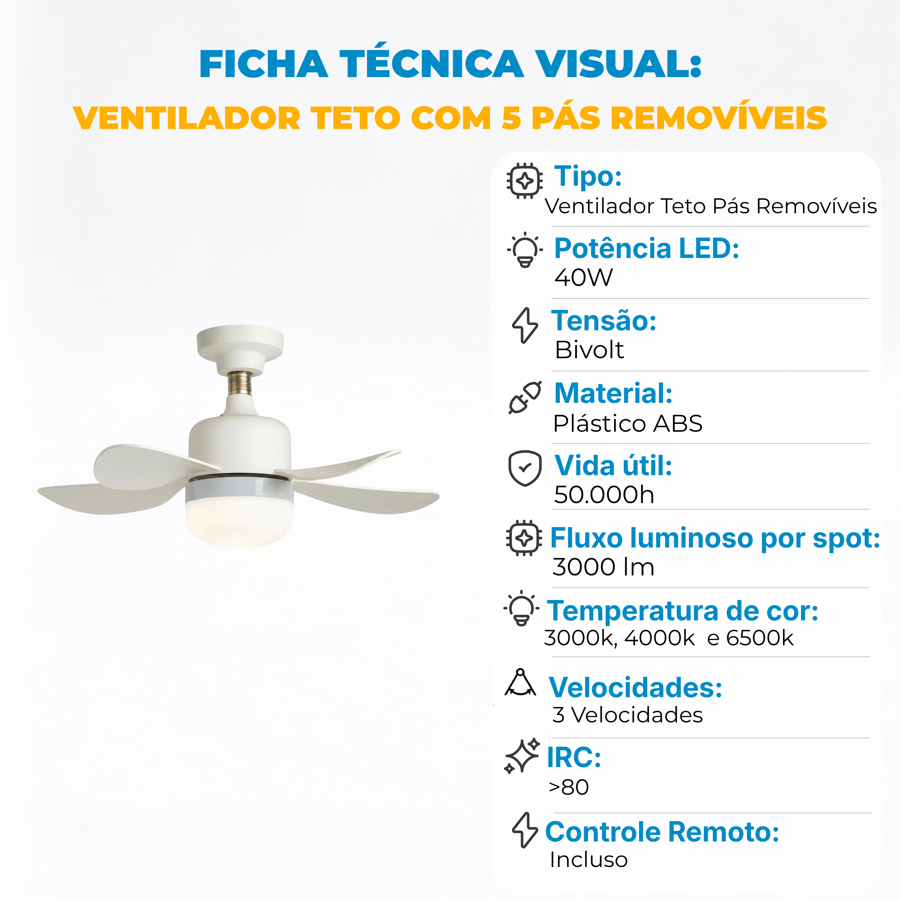 Lâmpada com Ventilador - Little Fan 3 em 1 - Com Controle Remoto - E27 LED 50W