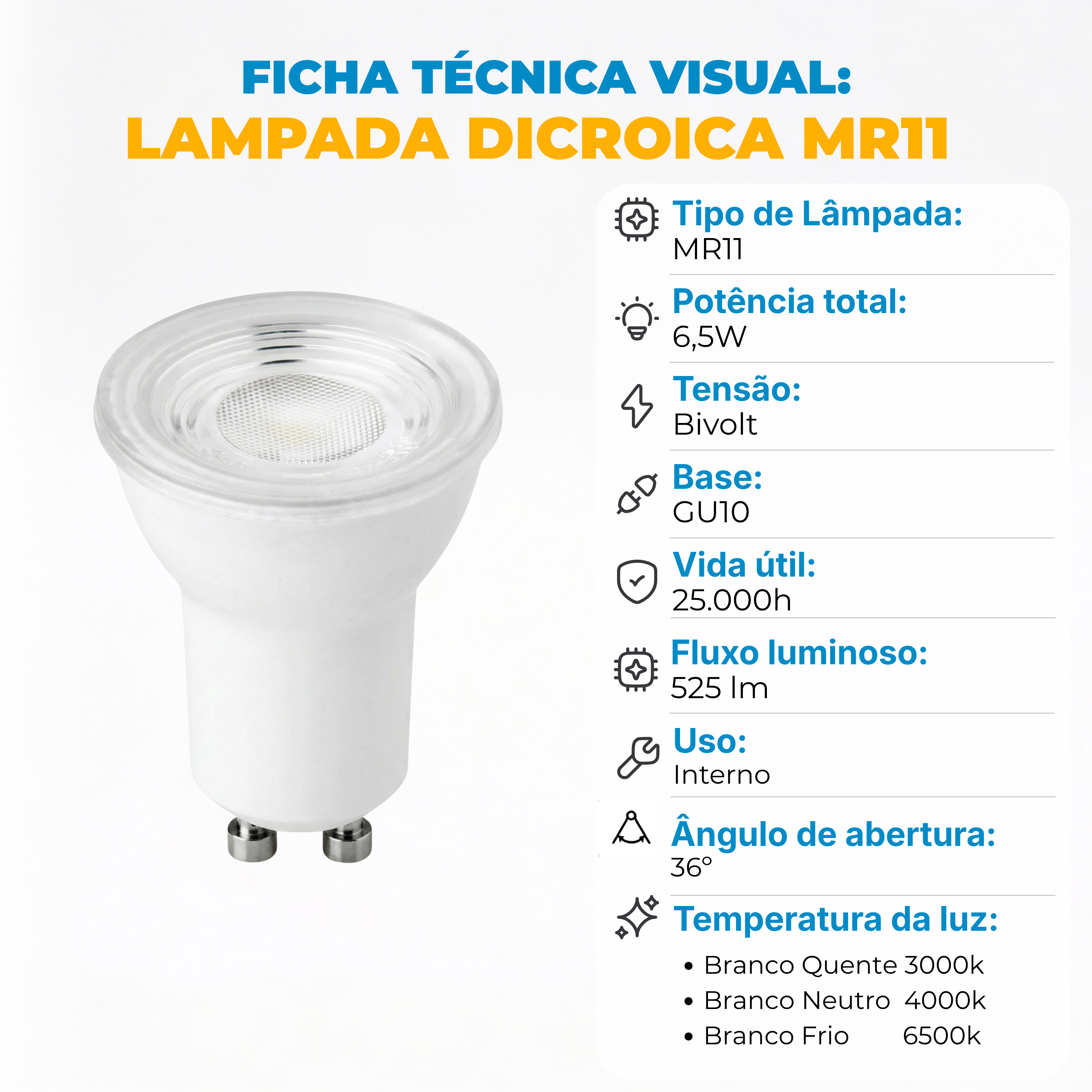 Lâmpada Dicroica LED MR11 GU10 6,5W Bivolt 525lm 38° - Branco Quente, Frio ou Neutro