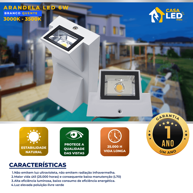 Arandela LED de 6W Modelo BD8-6Y - Iluminação Ecológica e Duradoura em Branco Quente - Casa Led Mais