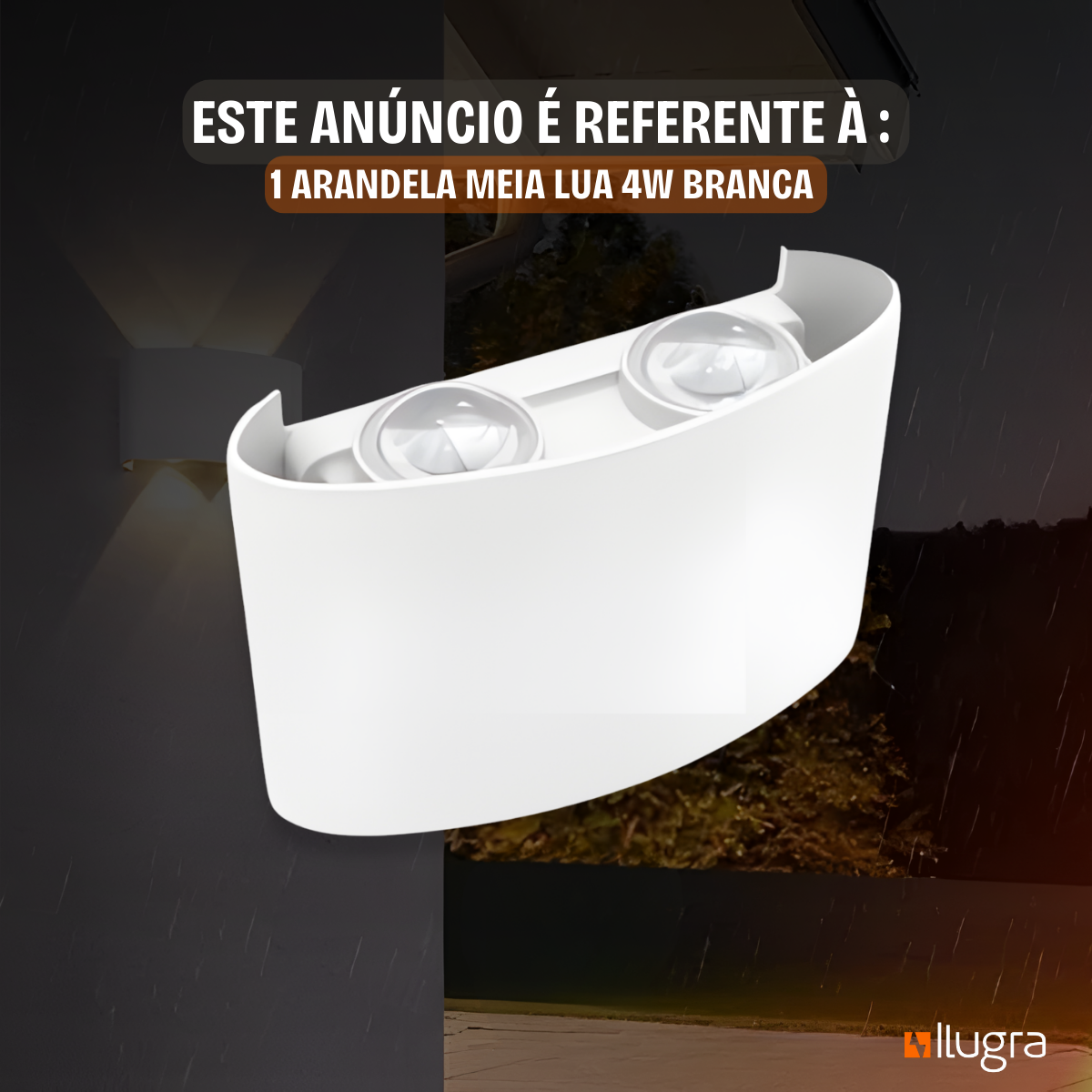Arandela LED Meia Lua 4W IP65 – 4 Fachos – Branco Quente 3000K – Preta ou Branca