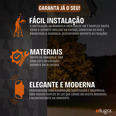 Arandela LED Meia Lua 4W IP65 – 4 Fachos – Branco Quente 3000K – Preta ou Branca