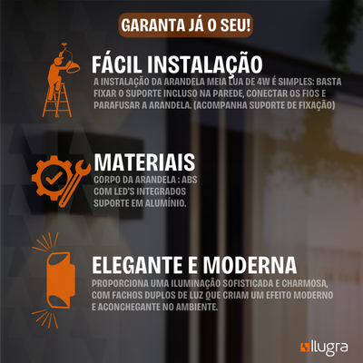 Arandela LED Meia Lua 4W IP65 – 4 Fachos – Branco Quente 3000K – Preta ou Branca