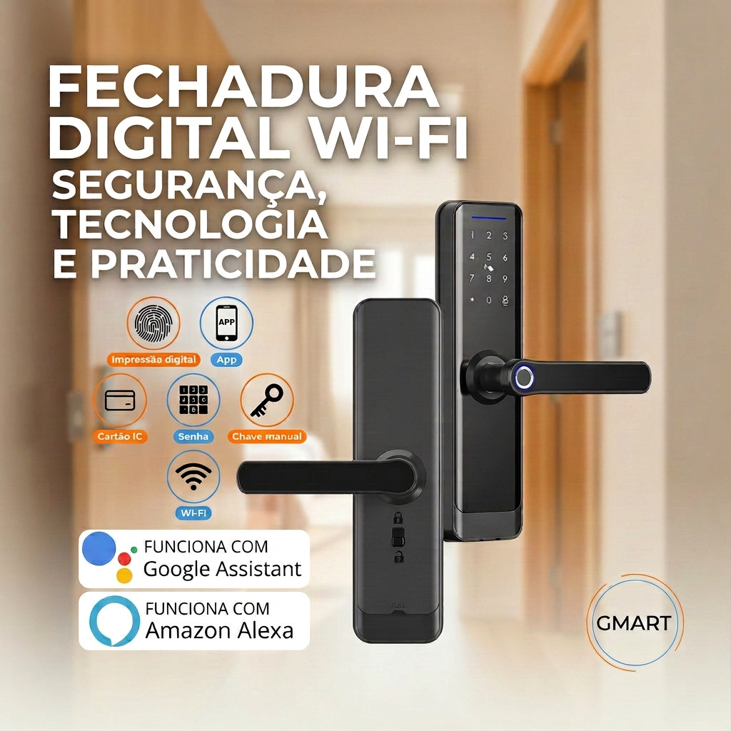 Fechadura Digital Wi-Fi Preta com Senha, App e Compatível com Alexa