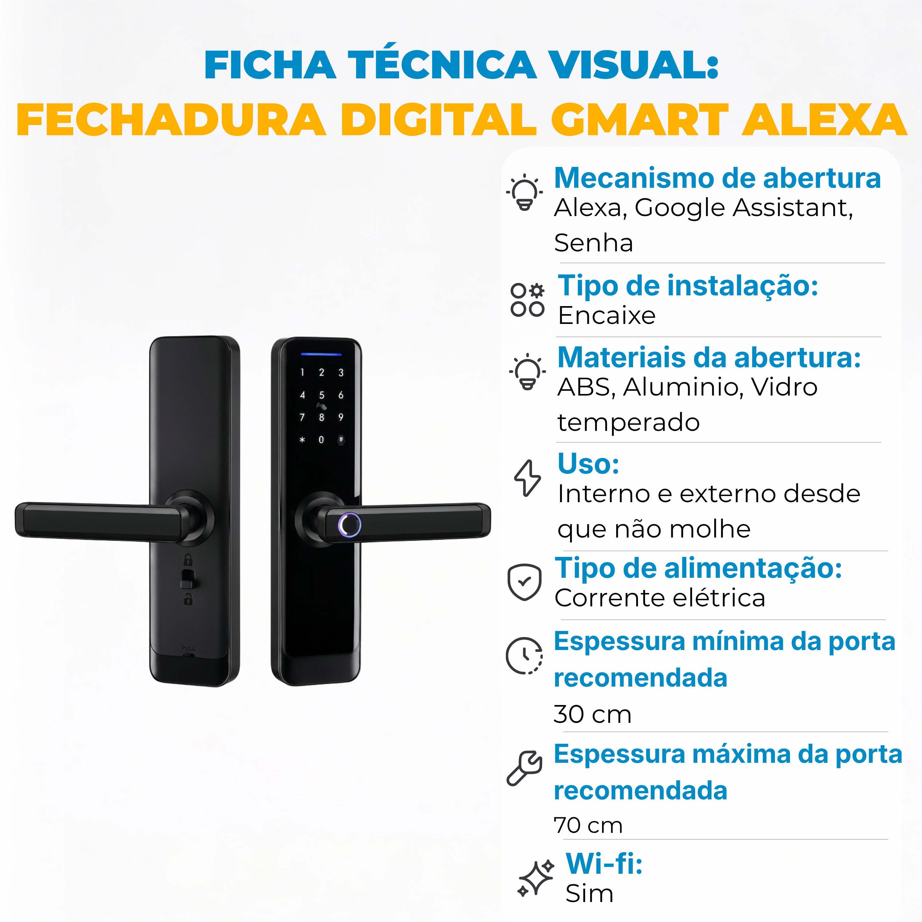 Fechadura Digital Wi-Fi Preta com Senha, App e Compatível com Alexa