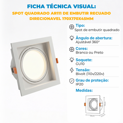 Spot Quadrado de Embutir AR111 Recuado Direcionável – Anti-Ofuscamento – Branco ou Preto