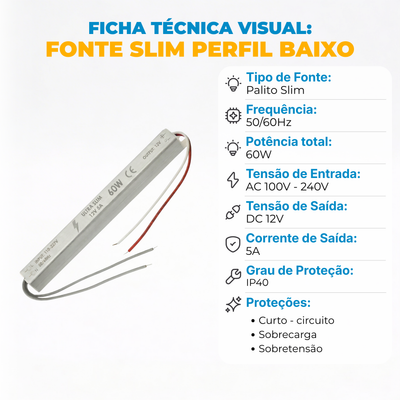 Fonte Slim 12V 5A 60W Bivolt para Fita LED – Perfil Baixo com Proteções