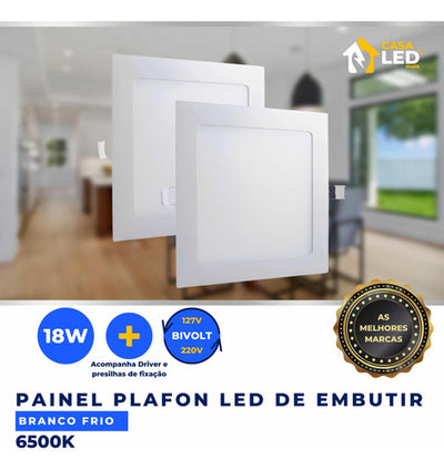 Painel LED 18W Quadrado de Embutir Bivolt – Branco Frio, Neutro ou Quente