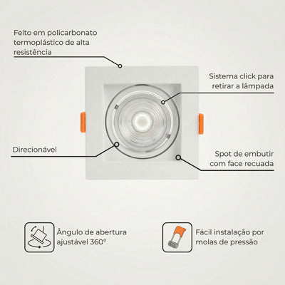 CasaLed Mais Spot de embutir quadrado branco direcionável em policarbonato com soquete GU10 para lâmpada MR11. Possui face recuada e sistema click para troca de lâmpada.