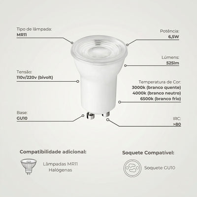 Spot de embutir quadrado branco direcionável MR11 com soquete GU10, ideal para iluminação decorativa e de destaque. Feito em policarbonato termoplástico.