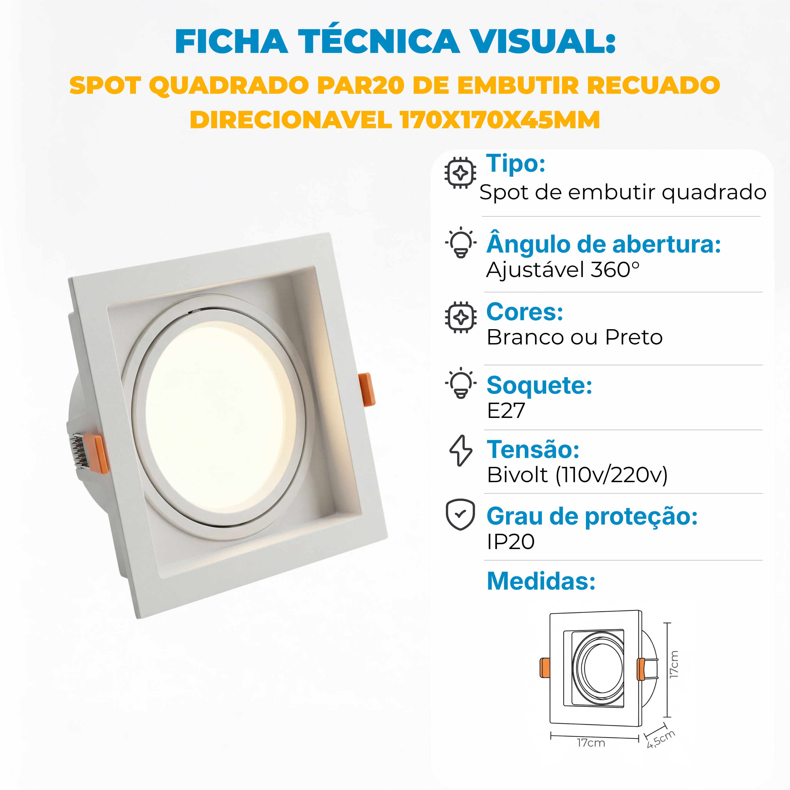 Spot Quadrado de Embutir PAR30 Recuado Direcionável com Soquete E27 – Branco, Preto ou Preto e Branco