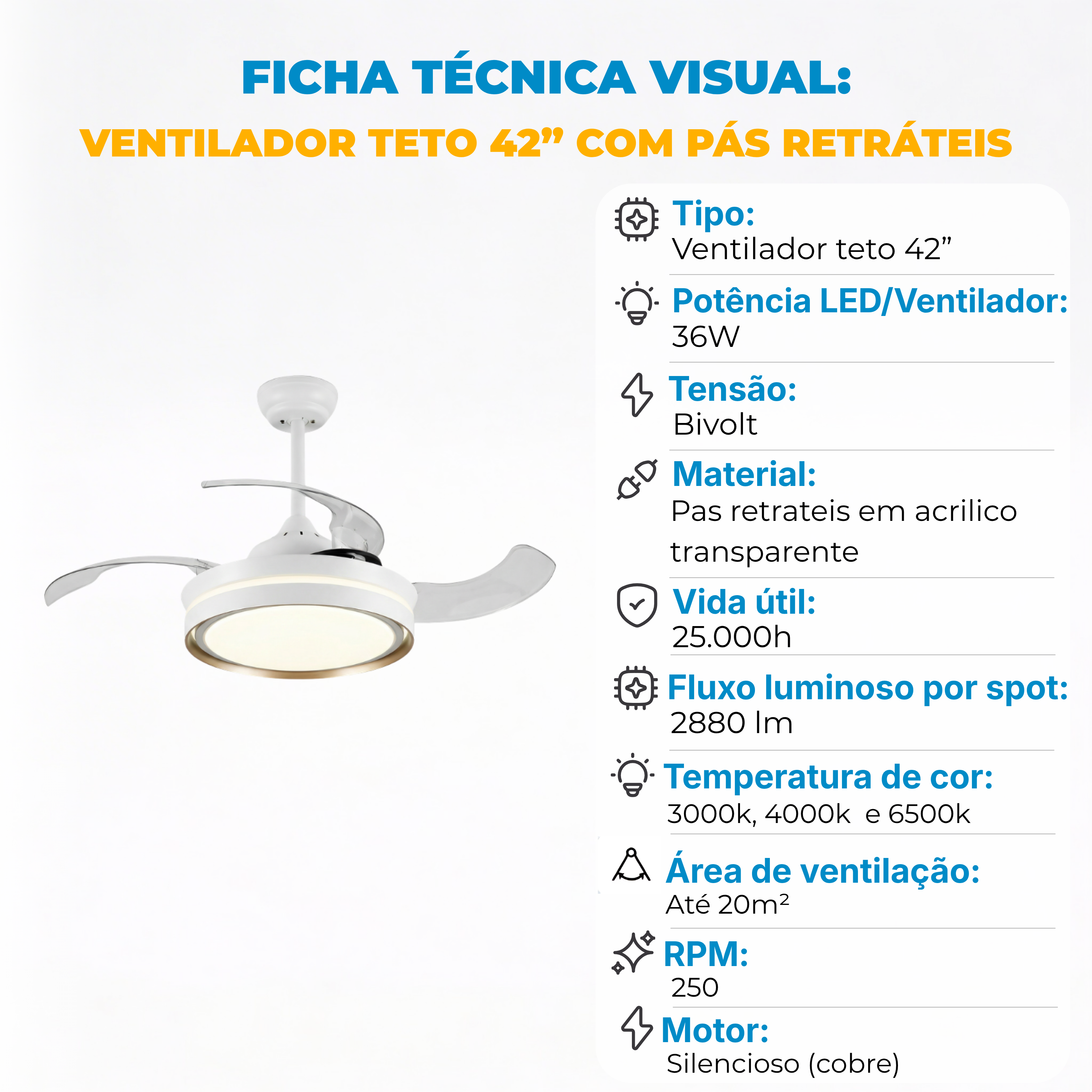 Ventilador de Teto Retrátil 42” Com Controle Remoto LED 30W - Bivolt