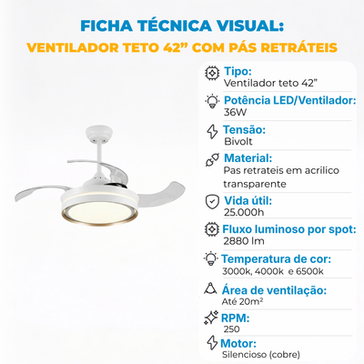Ventilador de Teto Retrátil 42” Com Controle Remoto LED 30W - Bivolt