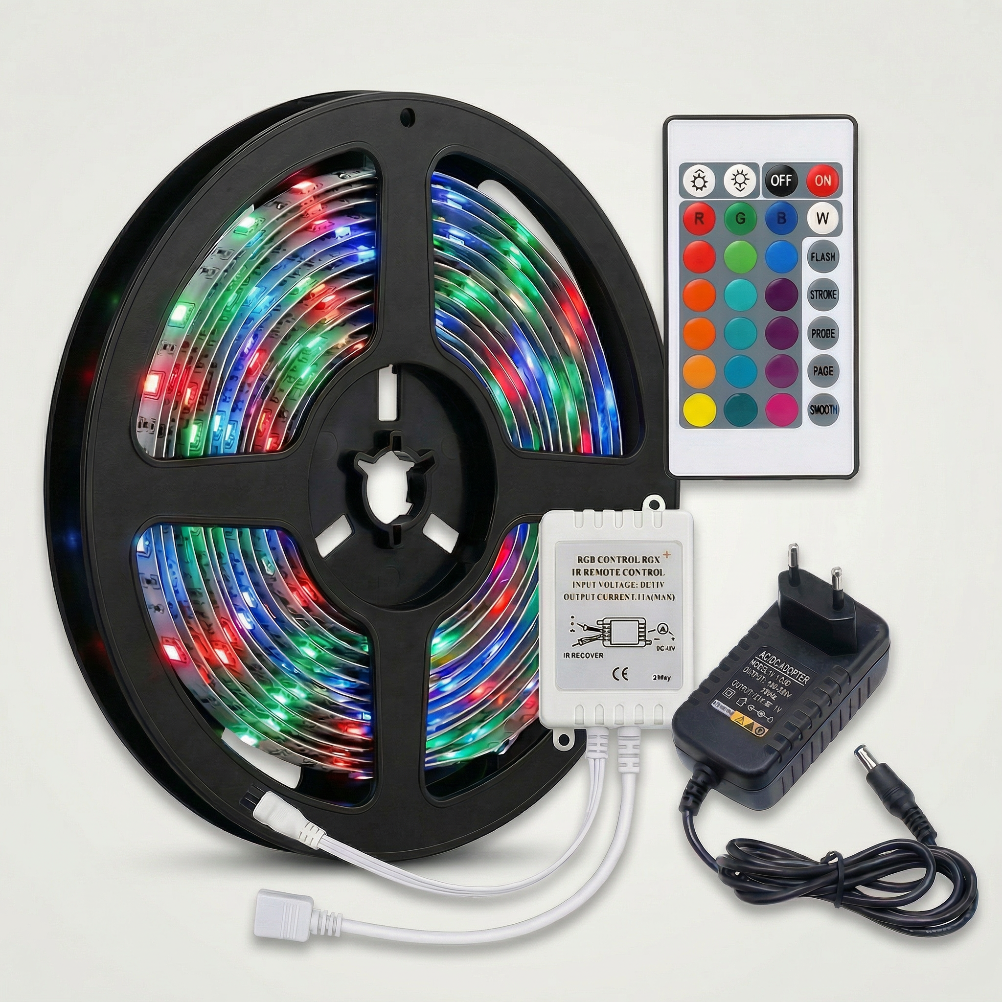 Fita LED RGB 5m 3528 12V -  Kit Completo com Controle e Fonte Bivolt