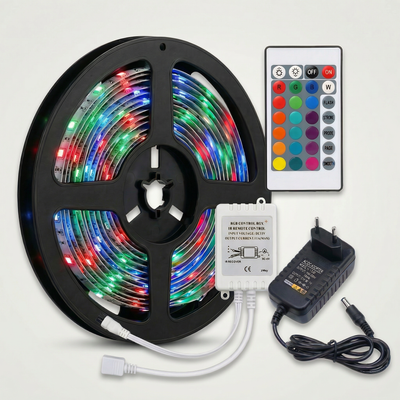 Fita LED RGB 5m 3528 12V -  Kit Completo com Controle e Fonte Bivolt