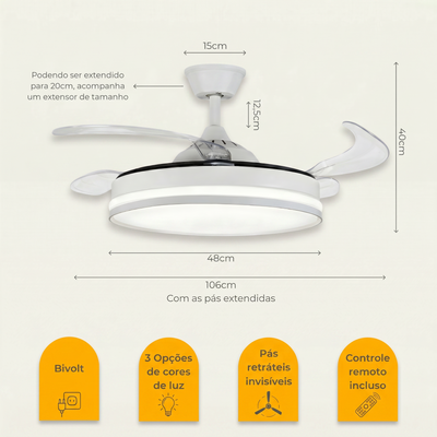 Ventilador de Teto Retrátil 42” Com Controle Remoto LED 30W - Bivolt