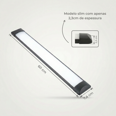 Luminária Linear LED 18W 60cm de Sobrepor Bivolt Borda Preta