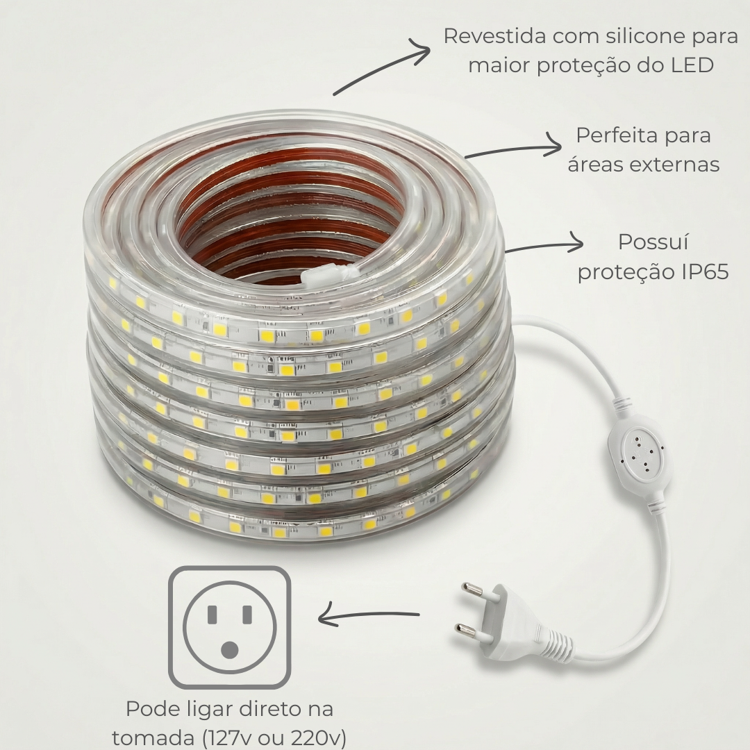 Mangueira LED 5050 100m IP65 – 60 LEDs/m – 110V ou 220V (Não Bivolt) - Branco Frio, Branco Quente ou Branco Neutro