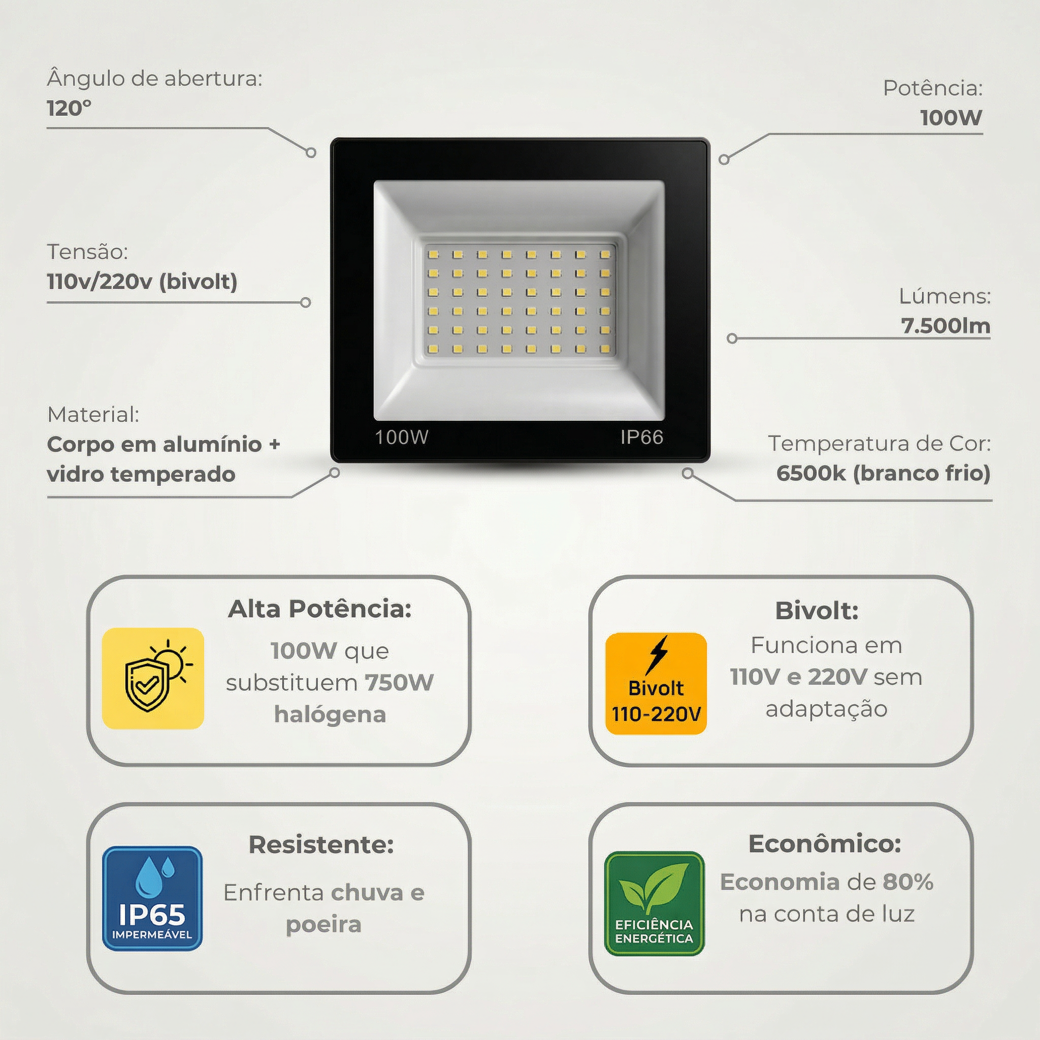 Refletor LED 100W Branco Frio Bivolt IP65 – Iluminação Externa de Alta Potência