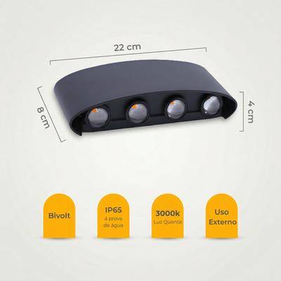 Arandela LED Meia Lua 8W IP65 – 8 Fachos – Branco Quente – Bivolt