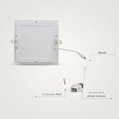 Painel LED 12W Quadrado de Embutir Bivolt – Branco Frio, Neutro ou Quente
