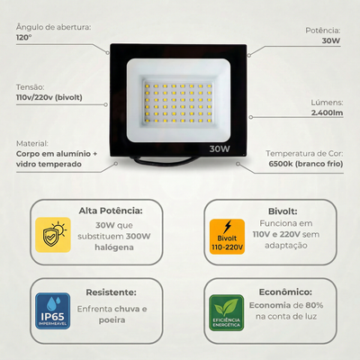 Refletor LED 30W Bivolt IP65 Iluminação Externa Alta Potência