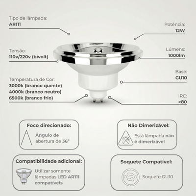 Lâmpada LED AR111 GU10 12W Bivolt – Iluminação Focalizada 12° a 24° - Branco Quente, Frio ou Neutro