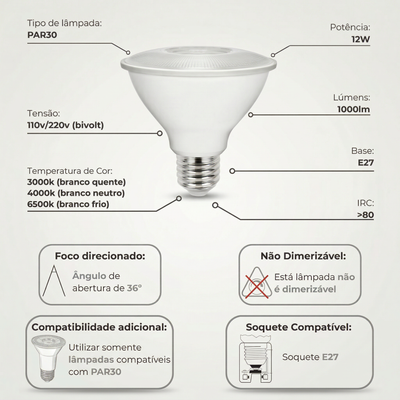 Lâmpada LED PAR30 E27 10W Bivolt – Iluminação Direcionada 40°