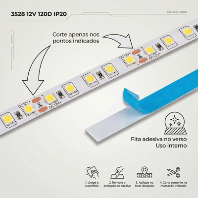 Fita LED 3528 120 LEDs/m 15W/m 12V IP20 – 5 Metros | Branco Frio, Neutro ou Quente