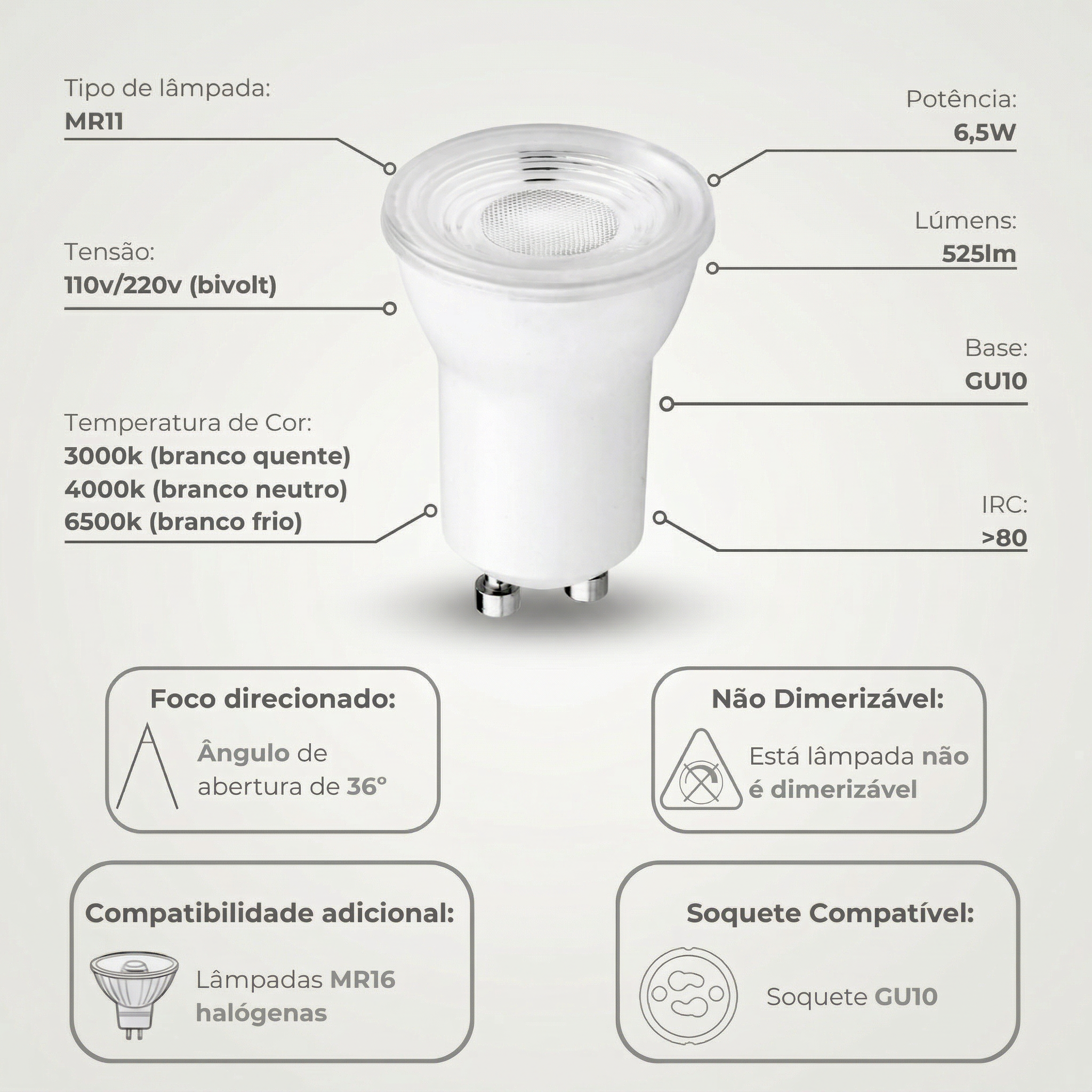 Lâmpada Dicroica LED MR11 GU10 6,5W Bivolt 525lm 38° - Branco Quente, Frio ou Neutro