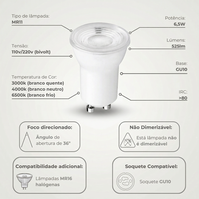 Lâmpada Dicroica LED MR11 GU10 6,5W Bivolt 525lm 38° - Branco Quente, Frio ou Neutro