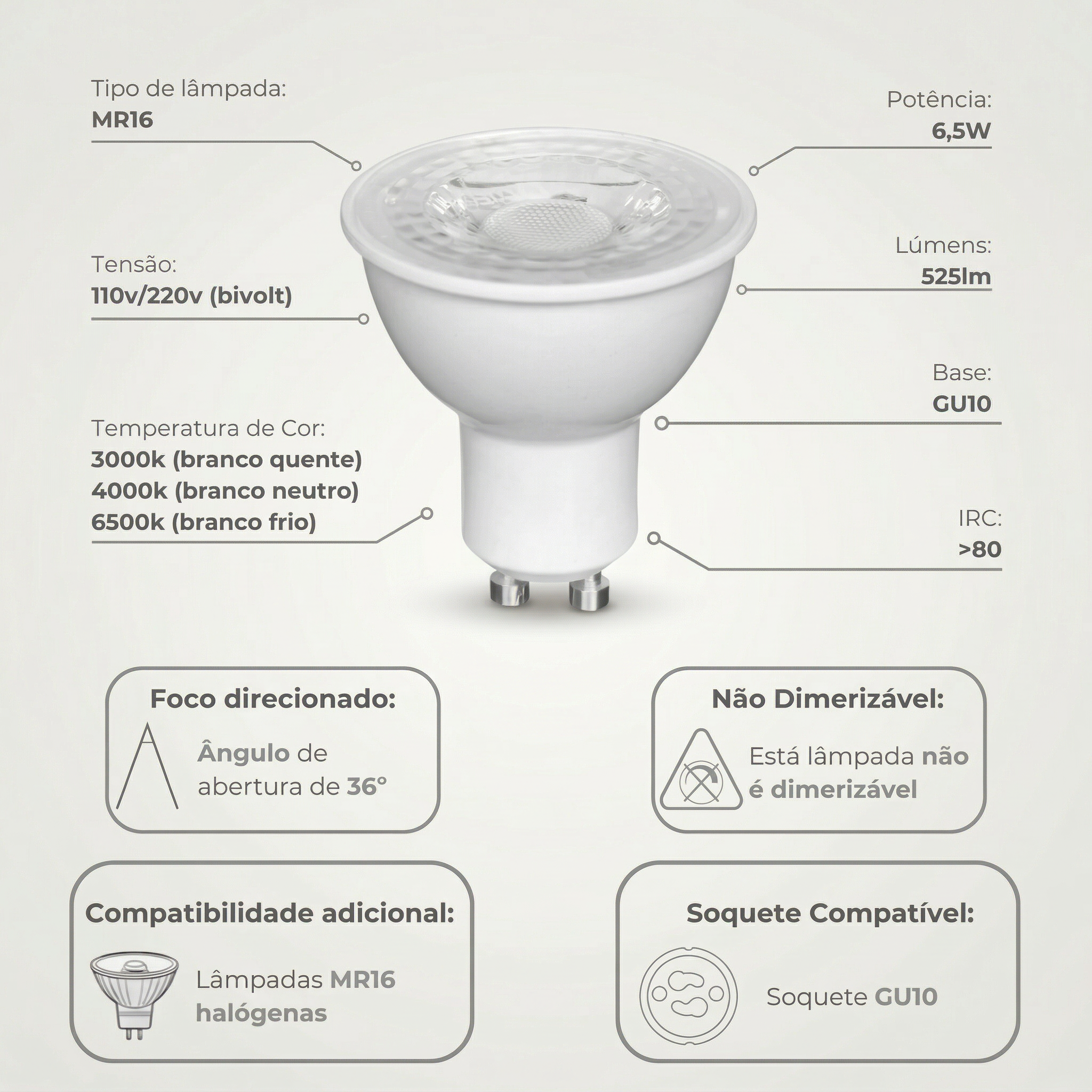 Lâmpada Dicróica LED MR16 GU10 6,5W Bivolt 525lm – 38° | Branco Quente, Neutro ou Frio
