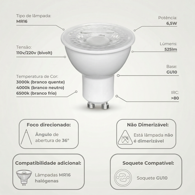Lâmpada Dicróica LED MR16 GU10 6,5W Bivolt 525lm – 38° | Branco Quente, Neutro ou Frio