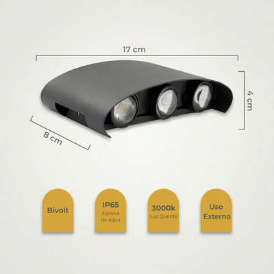 Arandela LED Externa 6W com Lente – 6 Fachos – Branco Quente 3000K – IP65
