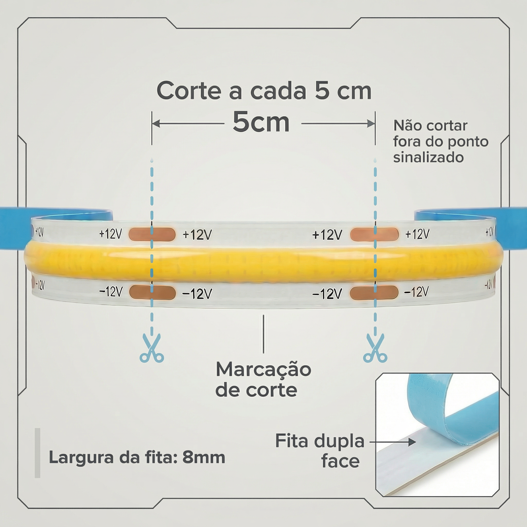 Fita LED COB 8mm 5m Branco Quente 320 LEDs/m - 12V IP20