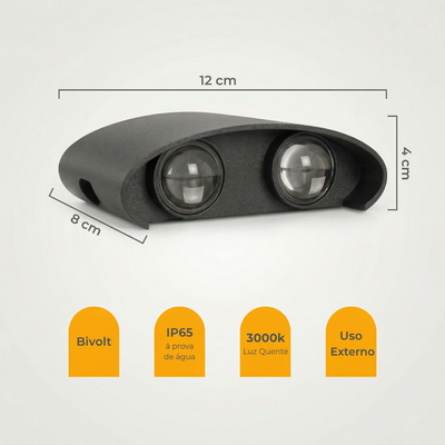 Arandela LED Meia Lua 4W IP65 – 4 Fachos – Branco Quente 3000K – Preta ou Branca
