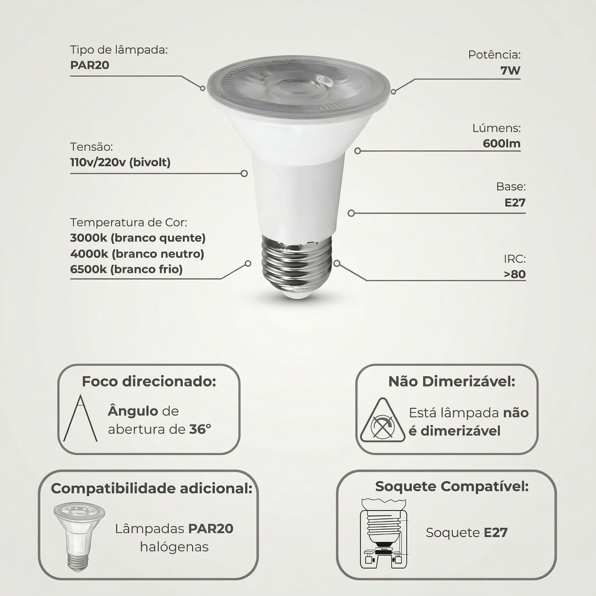 Lâmpada LED PAR20 E27 7W Bivolt – Branco Quente, Frio ou Neutro